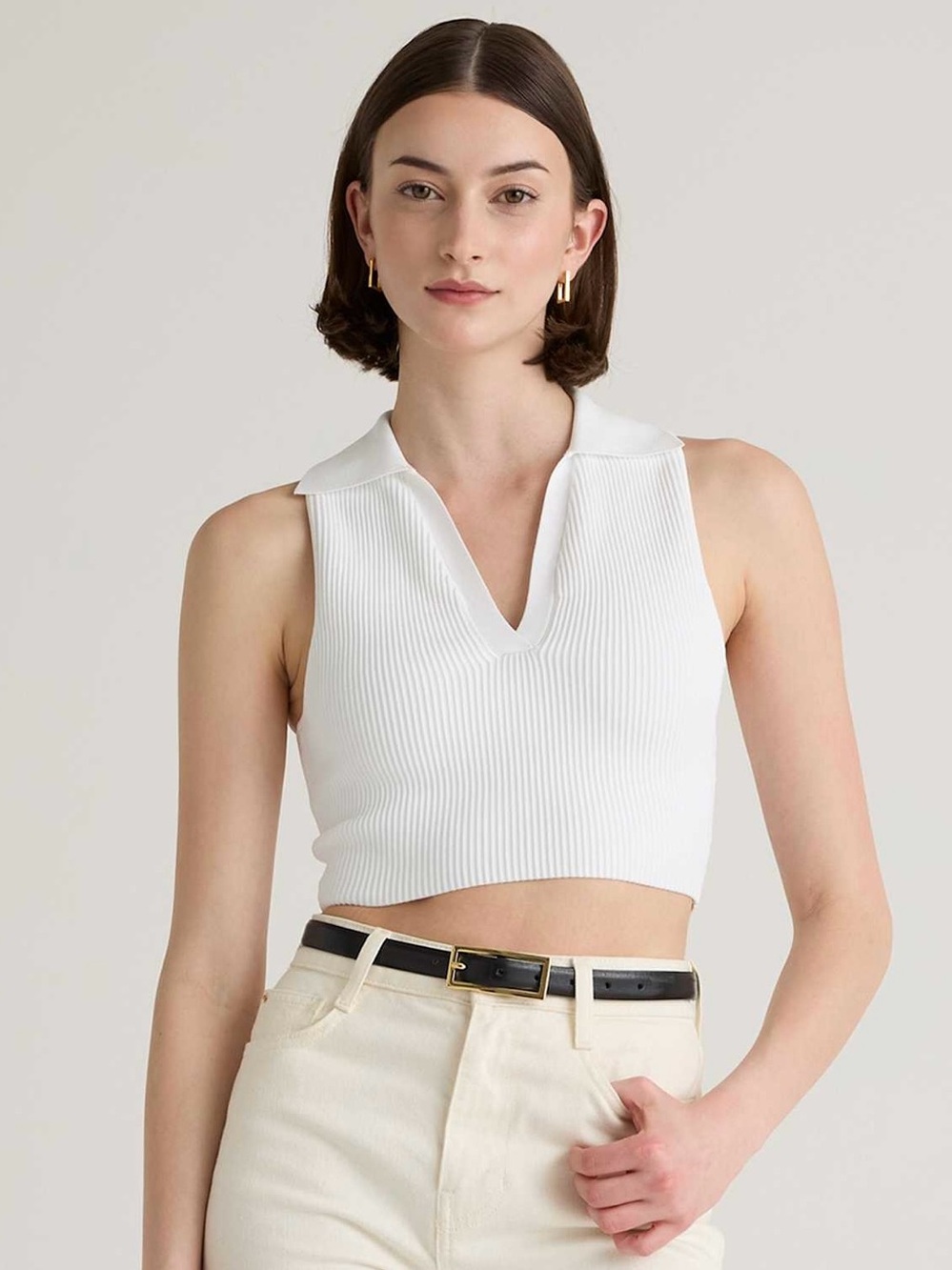 Laine Honolulu boutique White Ribbed Sleeveless cropped Polo Tank sz. M